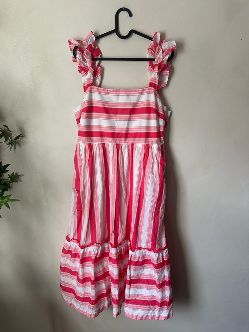 J. Crew Pink Striped Square Neck Ruffle Midi Sundress 12 Cotton